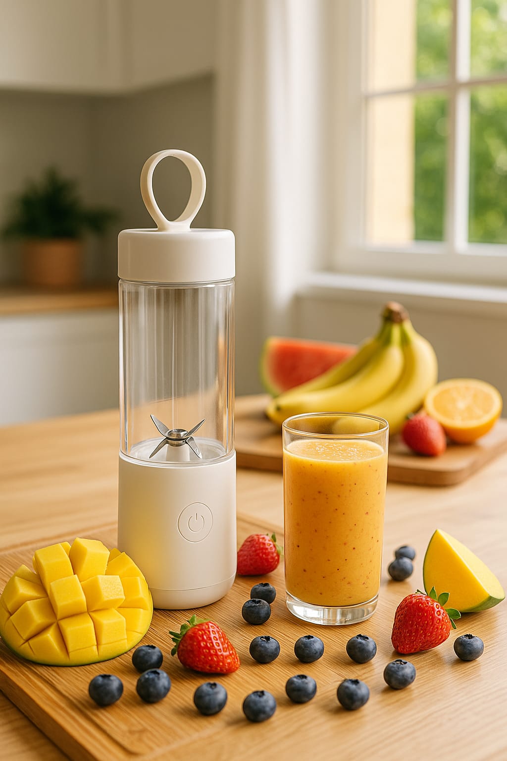 Portable blender on a kitchen counter next to fresh fruit and a smoothie in natural light