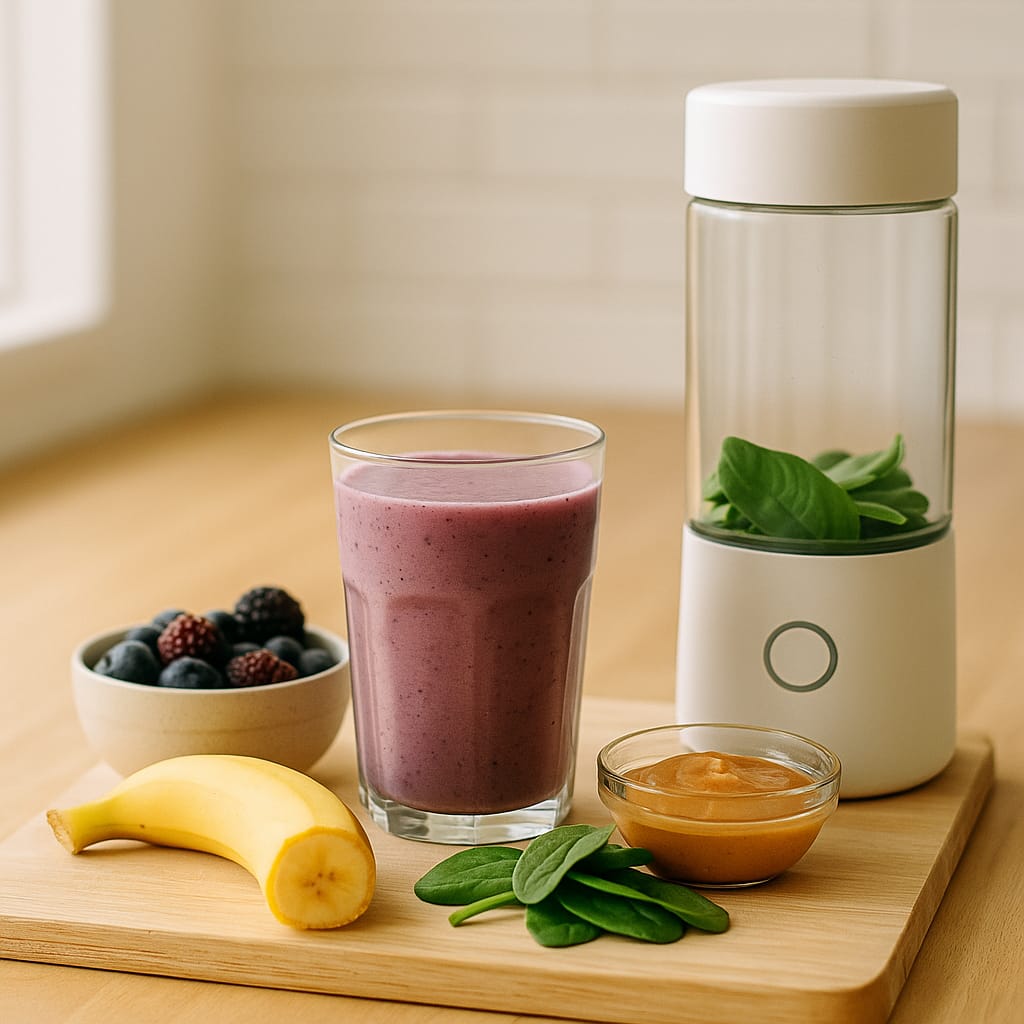 A cozy kitchen countertop with a portable blender, fresh spinach, bananas, peanut butter, and mixed berries ready for a healthy smoothie.