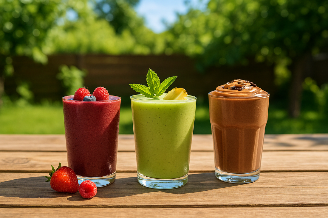 Three colorful smoothies in clear glasses sit on a sunny backyard table.