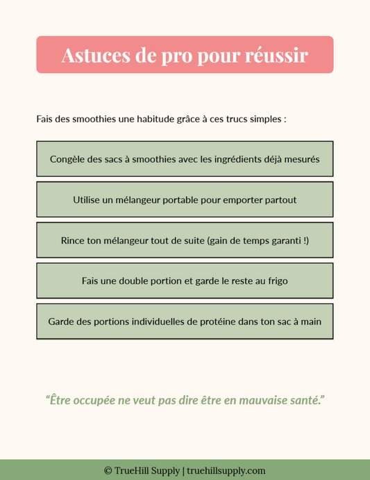 List of tips for success with smoothies on a white background with green text boxes.