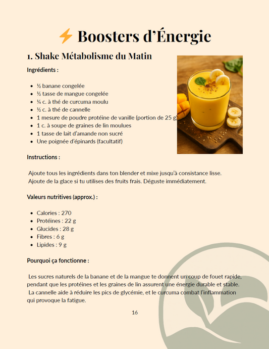 Recipe card for an energy booster shake with ingredients and nutritional information.