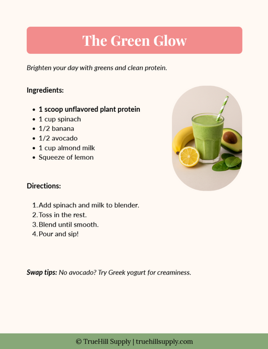 Recipe card for a green smoothie with ingredients and directions.