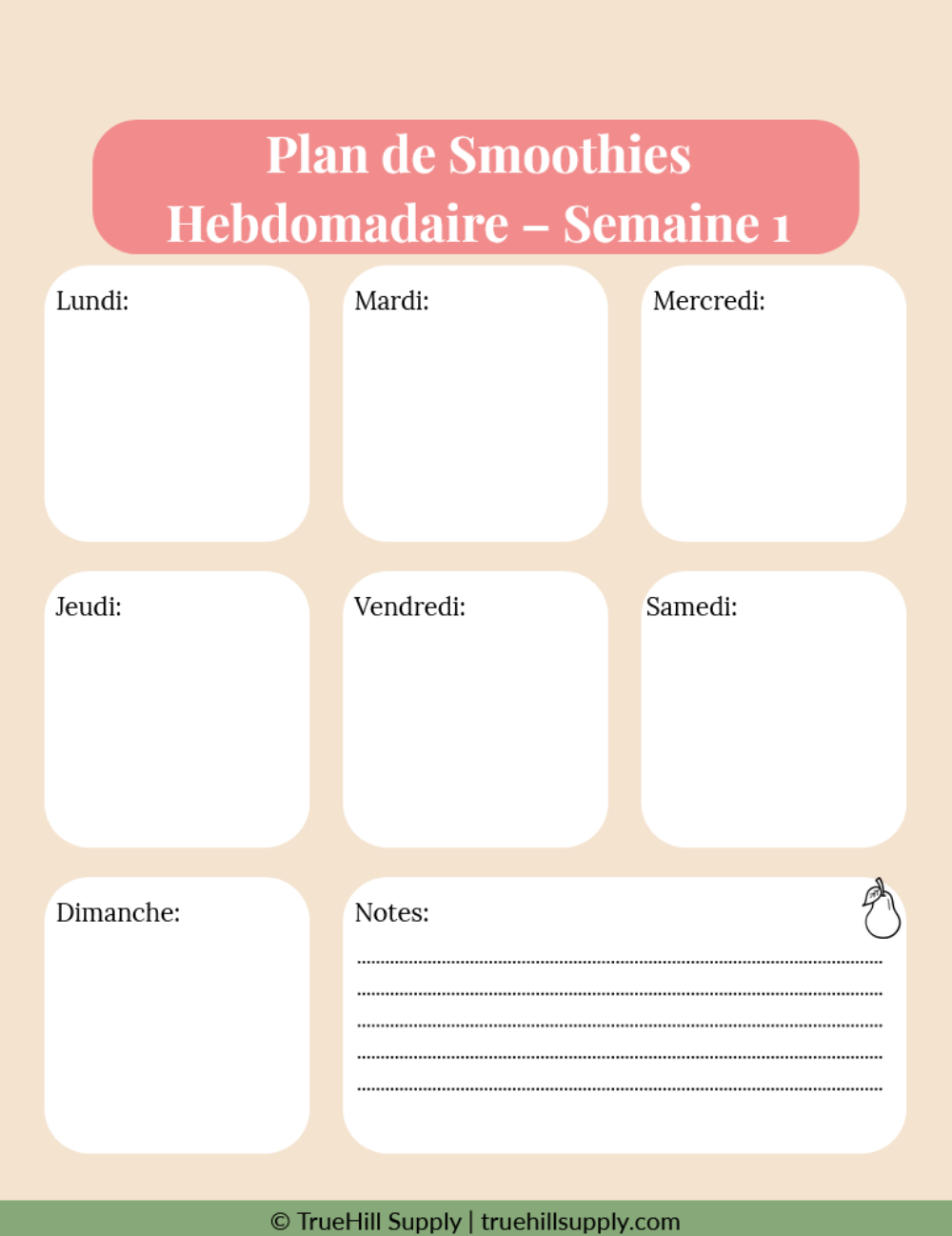 Weekly smoothie plan template with days of the week on a beige background