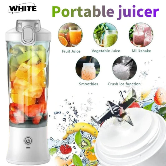 Portable juicer with images of juice types and a blender blade on a white background