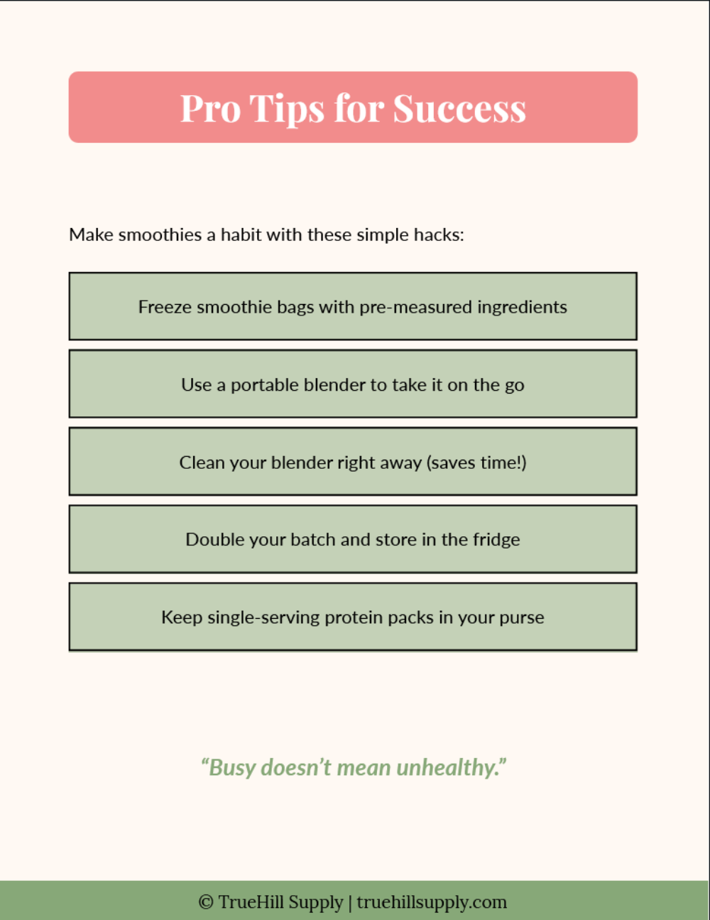 List of pro tips for making smoothies a habit with TrueHill Supply branding.
