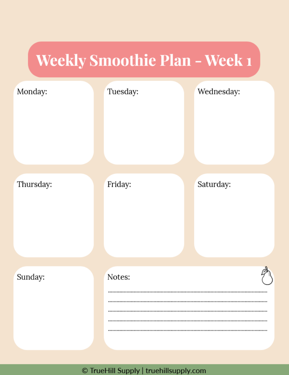 Weekly smoothie plan template with days of the week on a beige background