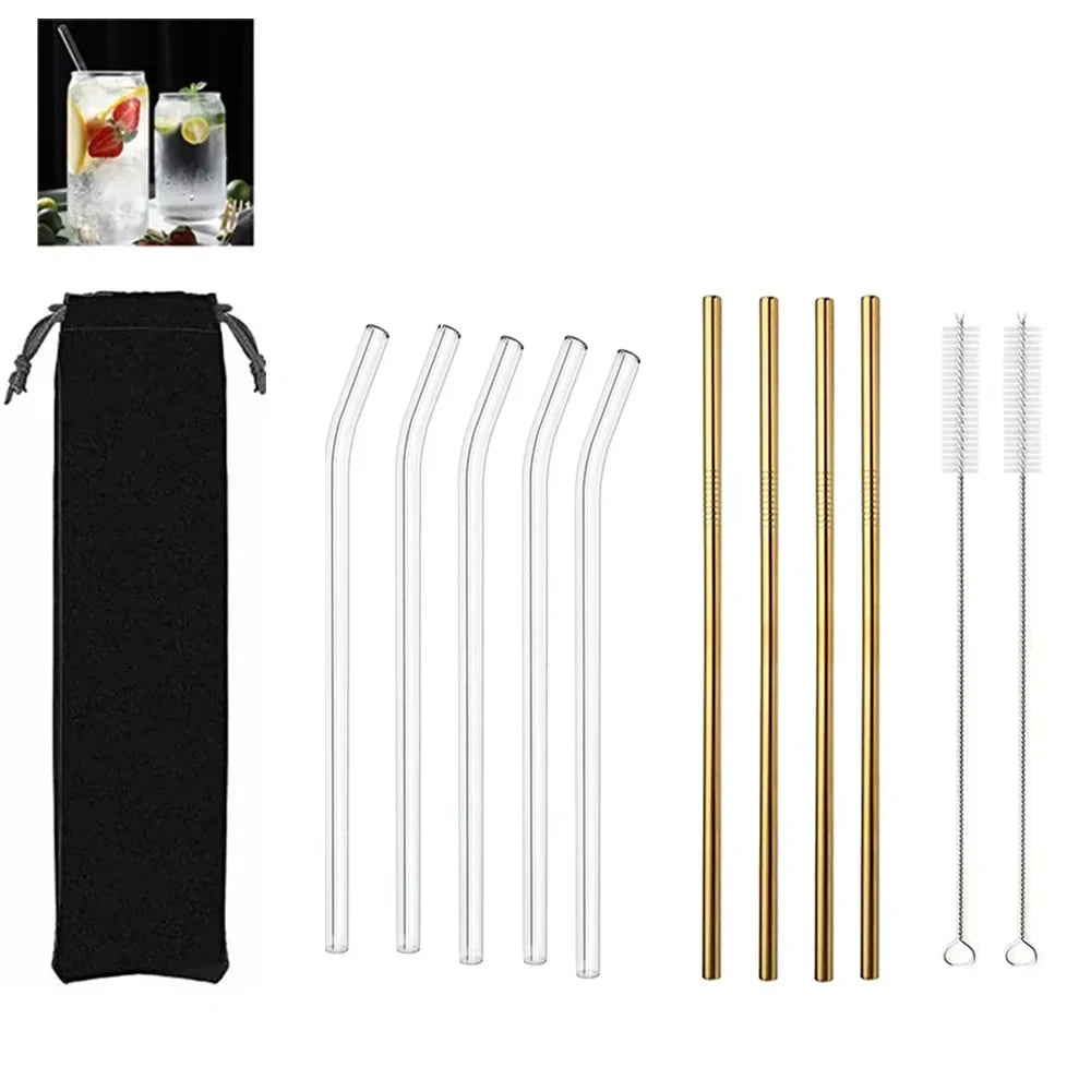 Set of 8 mixed straws including clear glass, gold metal, and cleaning brush with black pouch on white background.