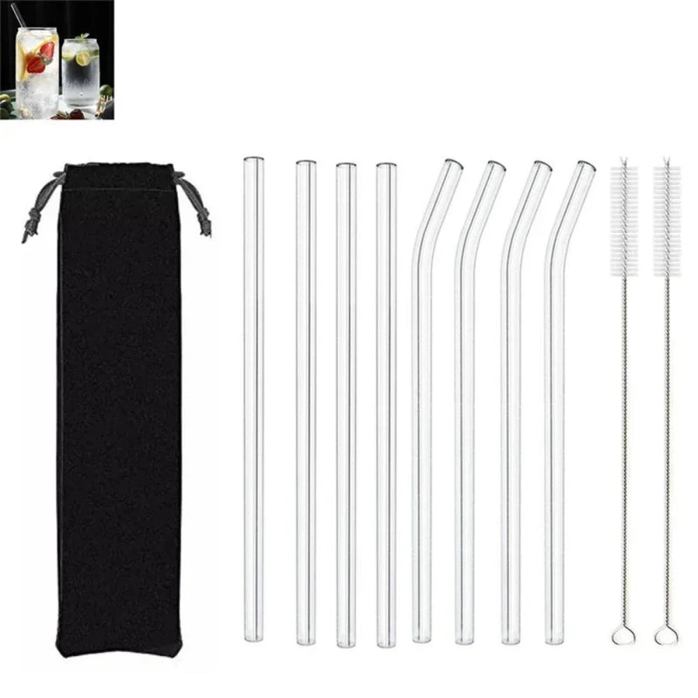 Set of 8 glass straws with a black pouch and cleaning brush on a white background.