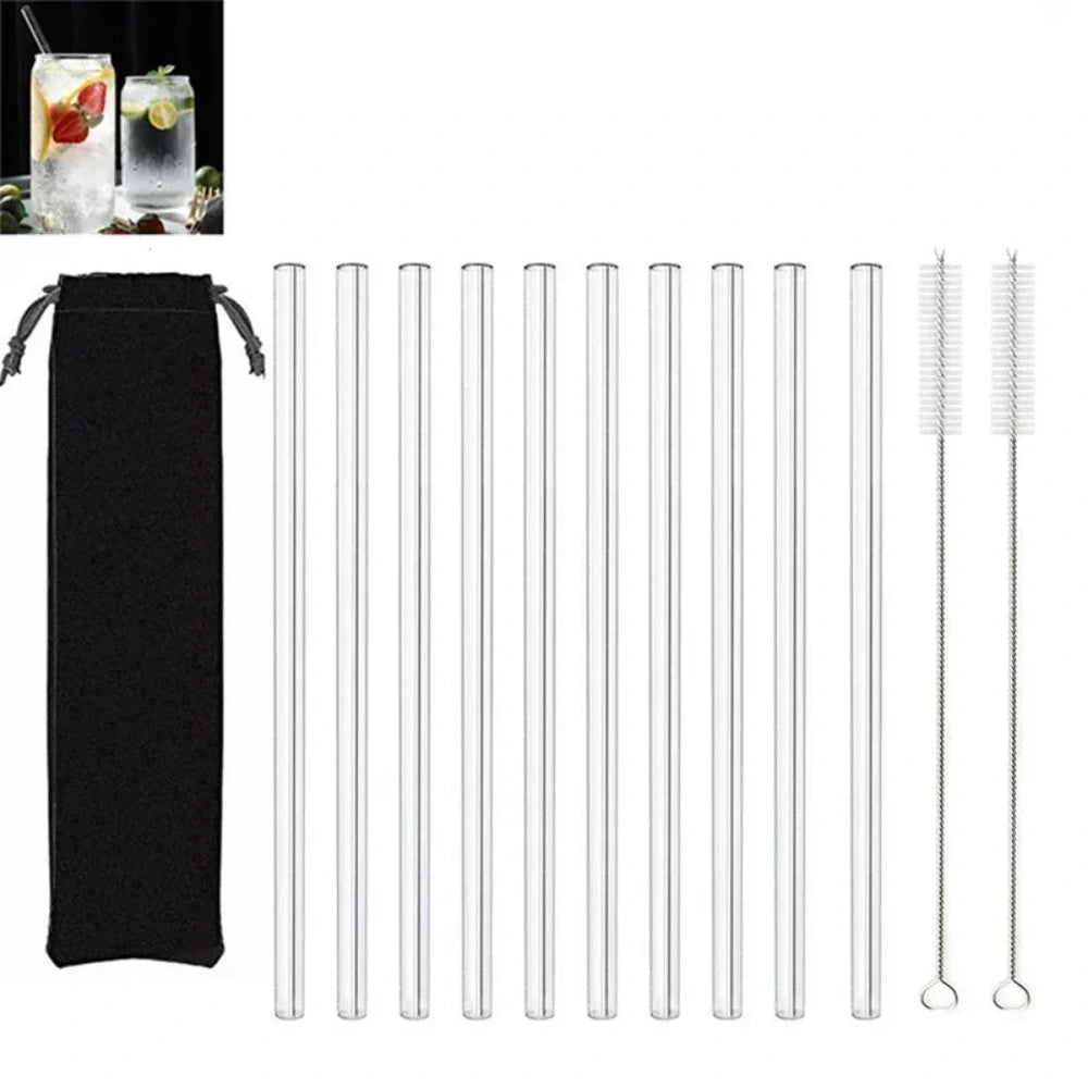 Set of 10 clear glass straws with a cleaning brush and black pouch on a white background.