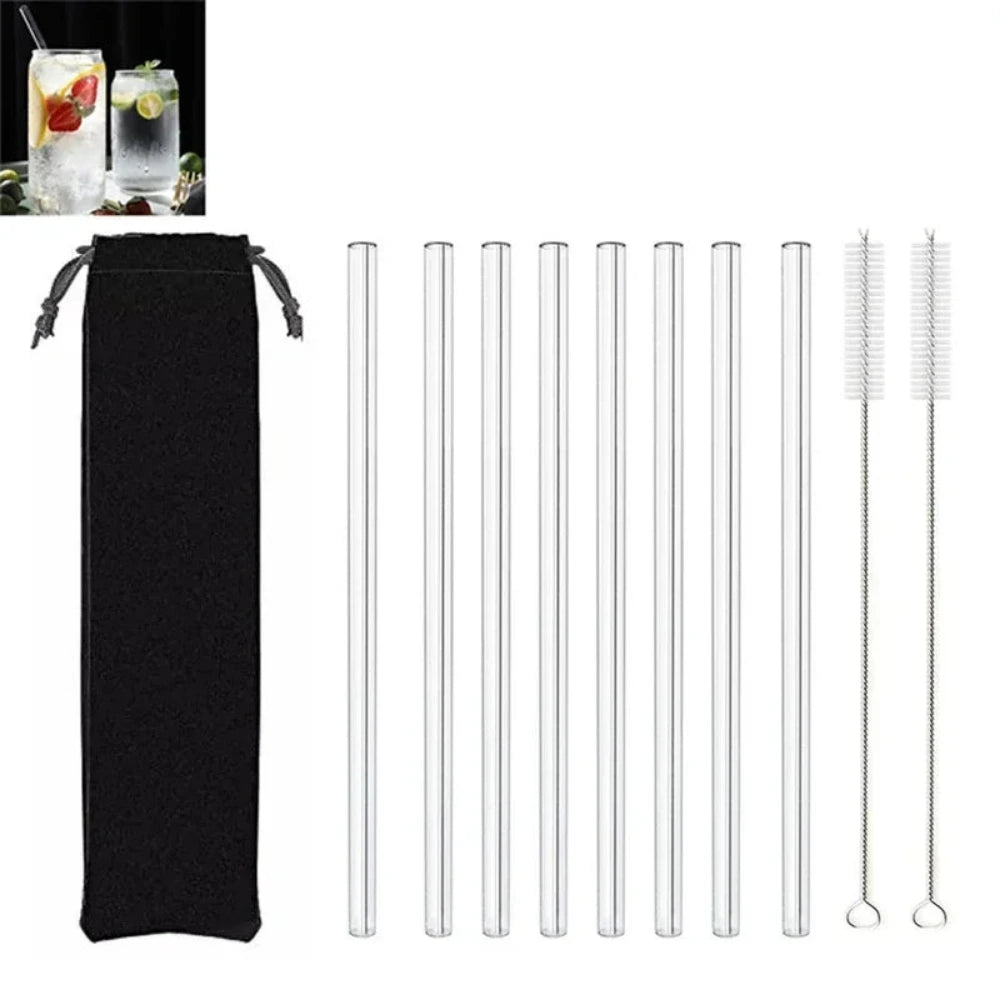 Set of 8 glass straws with a cleaning brush and black pouch on a white background