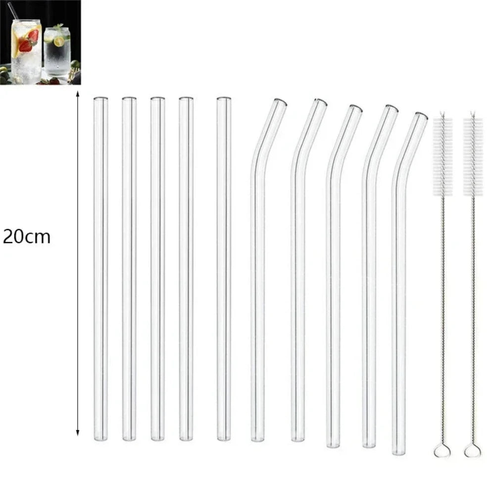 Set of clear glass straws with a cleaning brush, labeled '10PCS' on a white background.