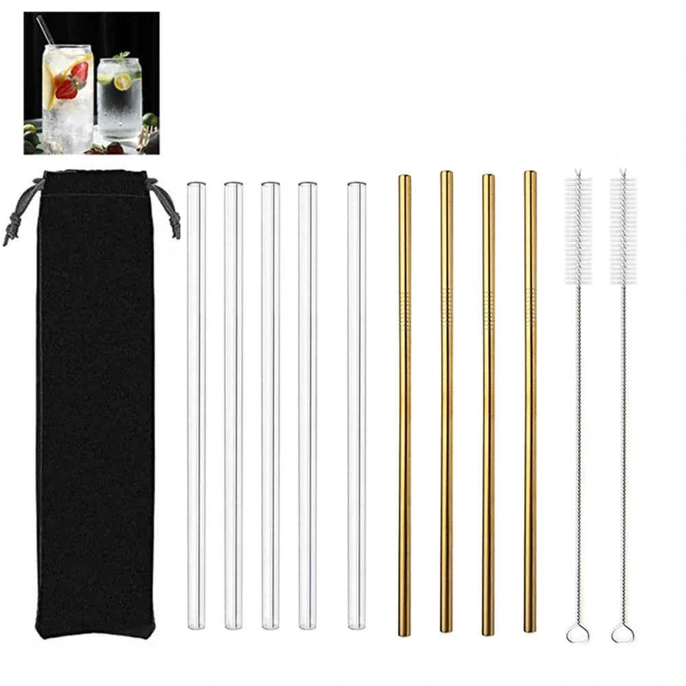 Set of 8 reusable straws with black pouch and cleaning brush on a white background