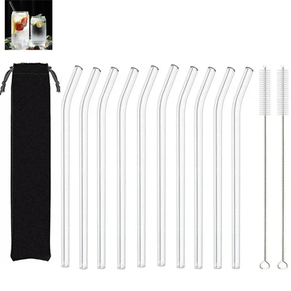 Set of 10 clear glass straws with a black carrying case and cleaning brush on a white background.